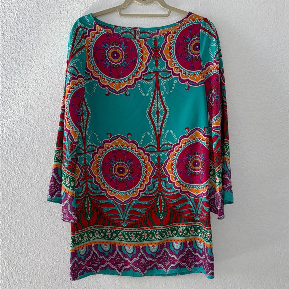 Yahada Teal and Orange Patterned Dress
